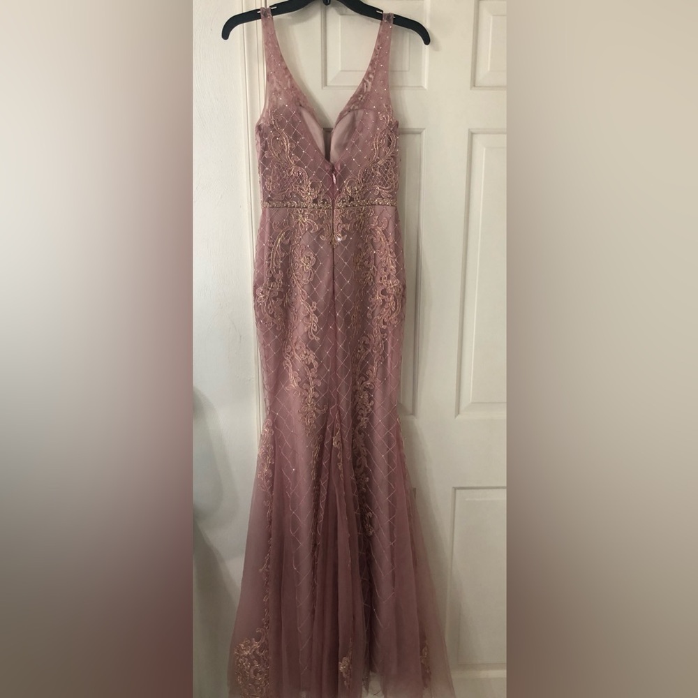 Elegant Rose Pink Beaded Lace Evening Gown - Picture 7 of 7